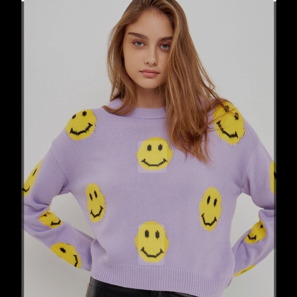 GREY LAB Smiley Face Pullover Sweater Novelty Retro 70s Lavender Size XL - Picture 2 of 16